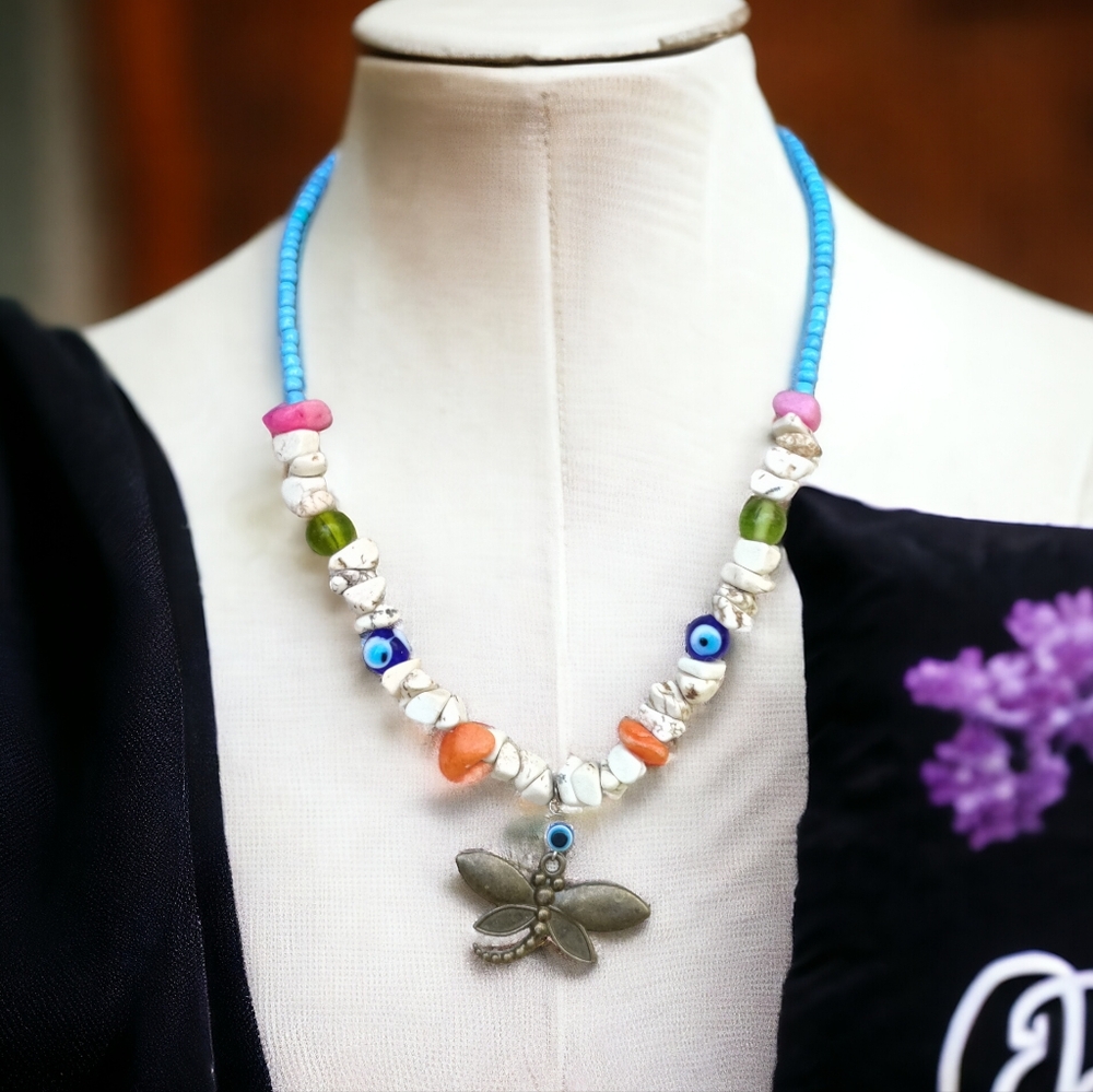 Boho dragonfly stone necklace